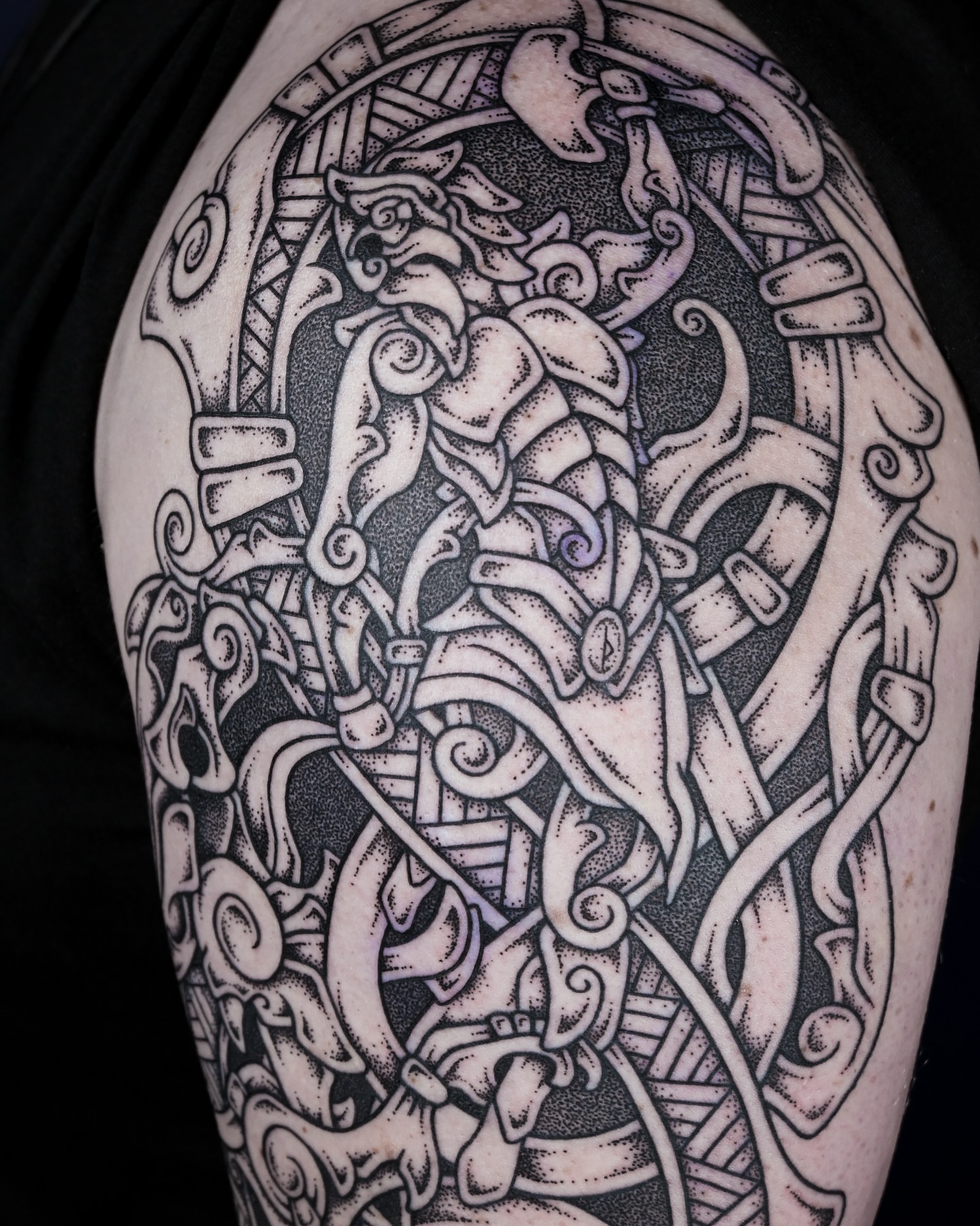 Tattoo by @kintyreink — black_and_grey, dotwork