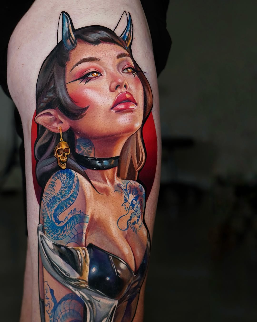 Demon girl with dragon tattoos neo-traditional tattoo on the forearm by Daria Pirojenko