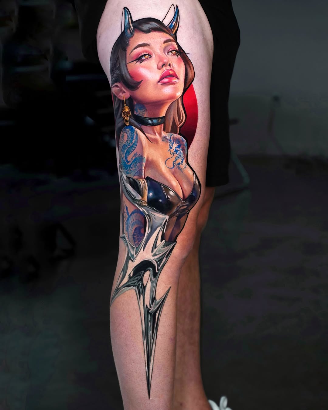 Demon girl with dragon tattoos neo-traditional tattoo on the thigh by Daria Pirojenko