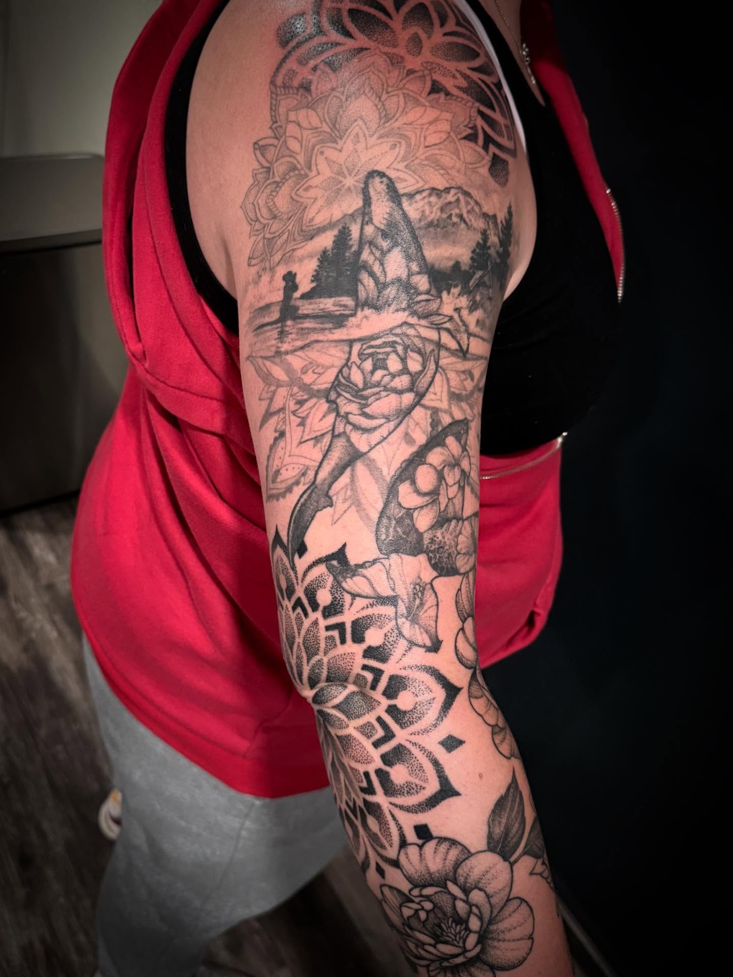 Landscape with woman and flowers dotwork tattoo on the forearm by Brennan Walker, Orem, Utah