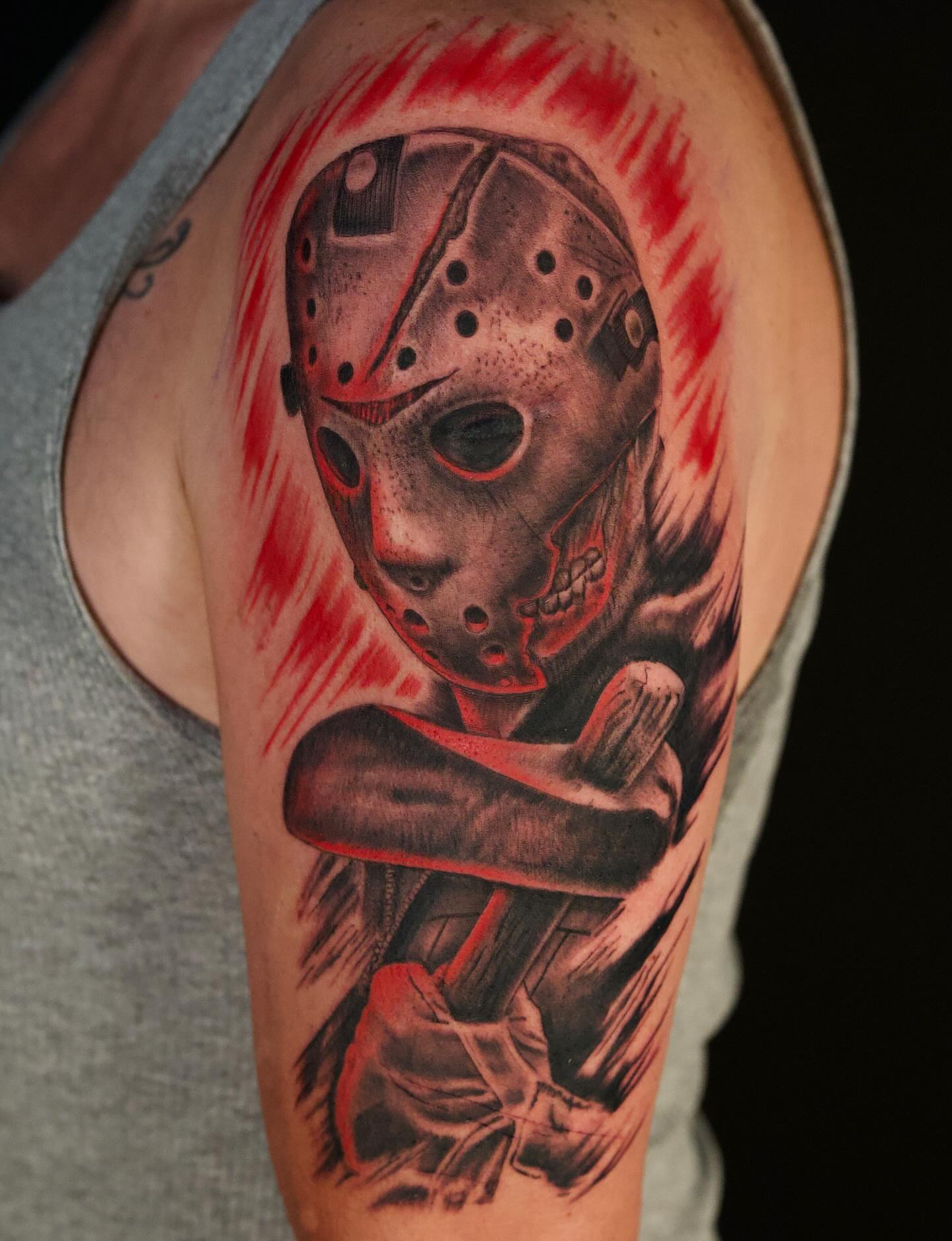 Jason voorhees realism tattoo on the shoulder by Chris Lochbihler