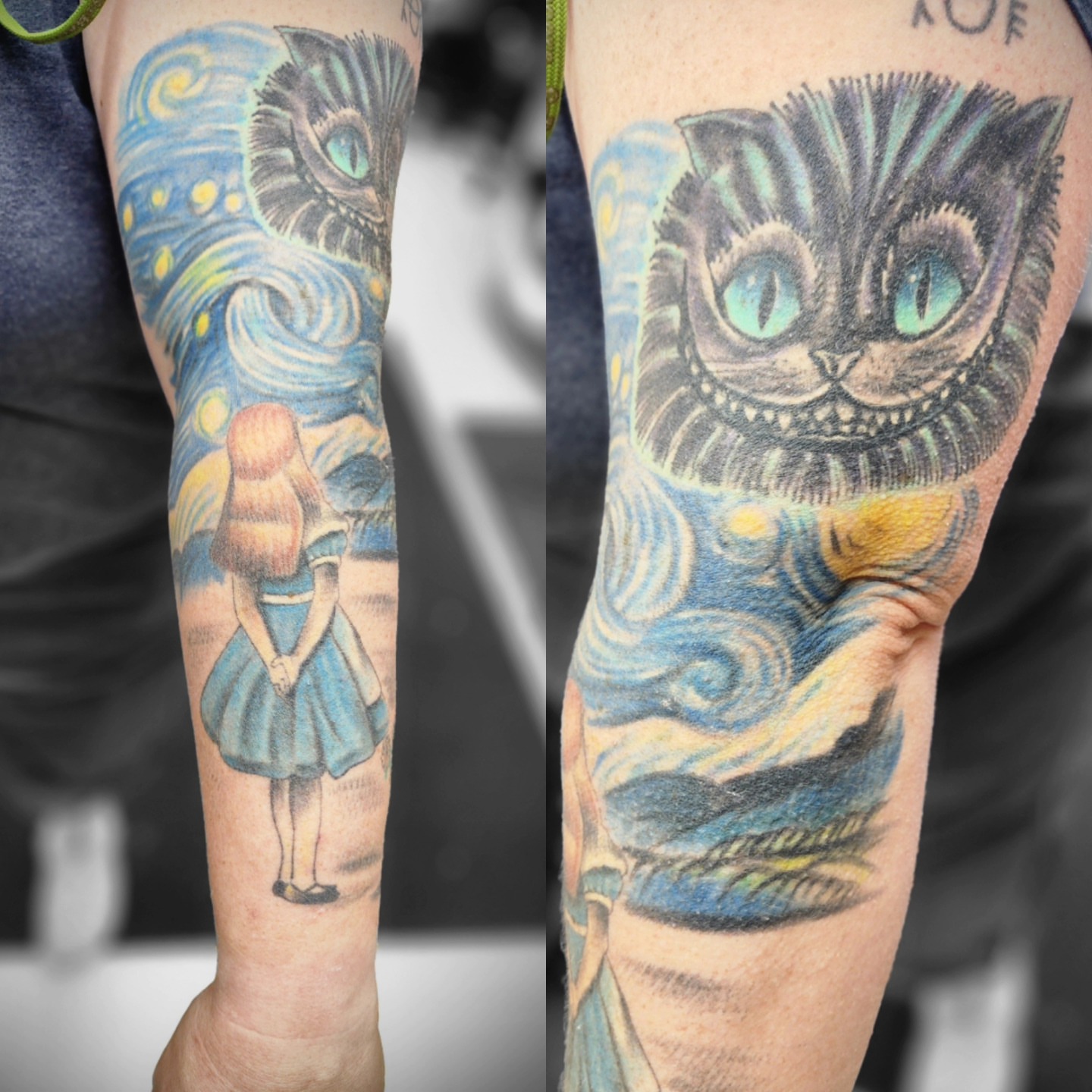 Alice and cheshire cat realism tattoo on the forearm by Dennis Foust