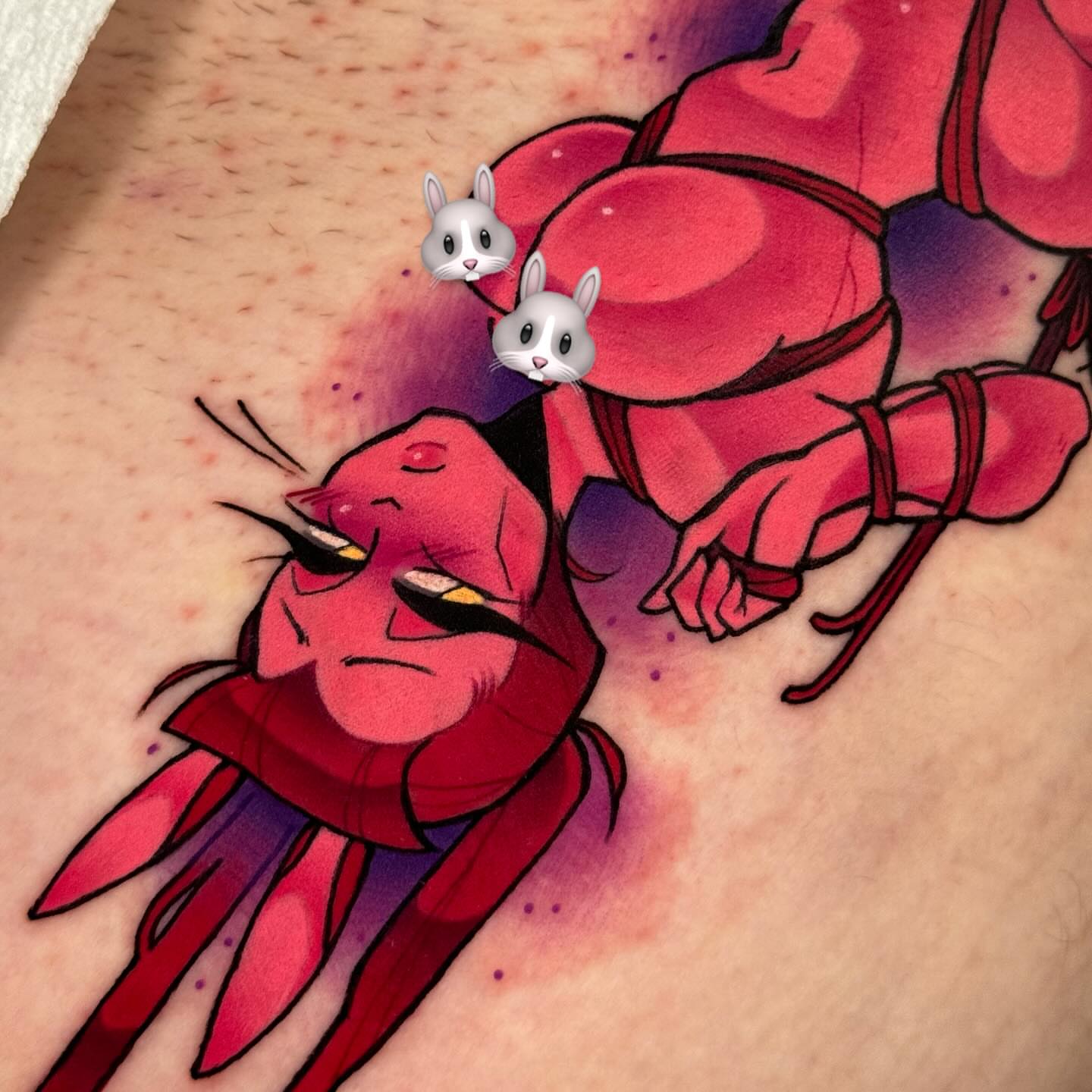 Lobster and rabbits new school tattoo on the thigh by Taylor Nicoll Chunn