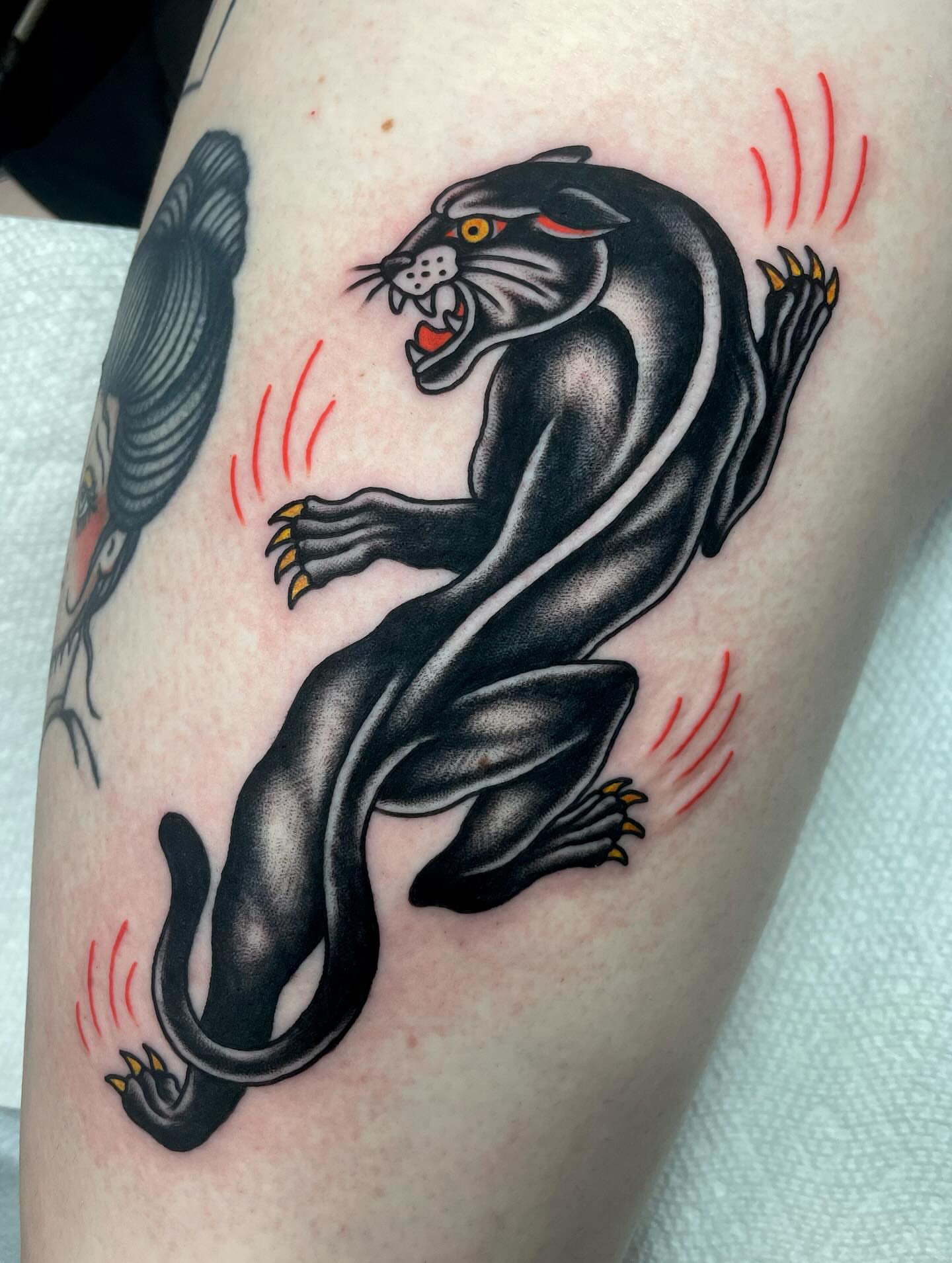 Panther American traditional tattoo on the thigh by sally ★ lee