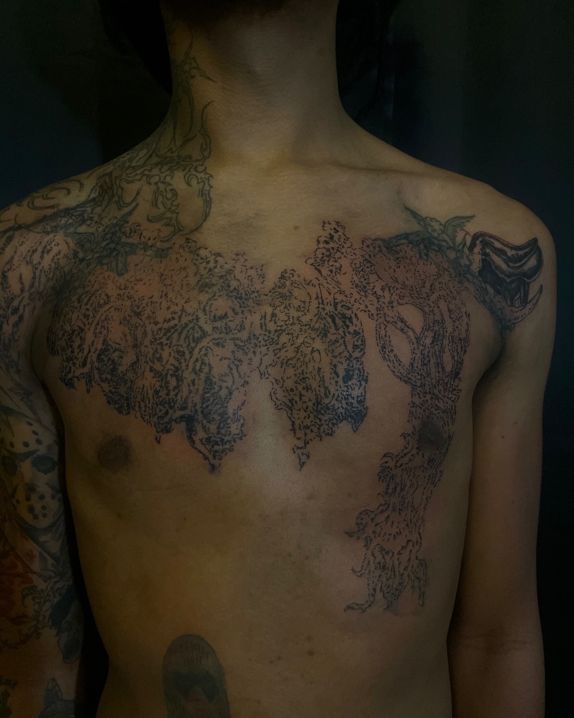 Abstract landscape dotwork tattoo on the chest by ɴᴏᴍᴢ ᴅʏsᴇᴍʙᴏᴅɪᴍᴇɴᴛ