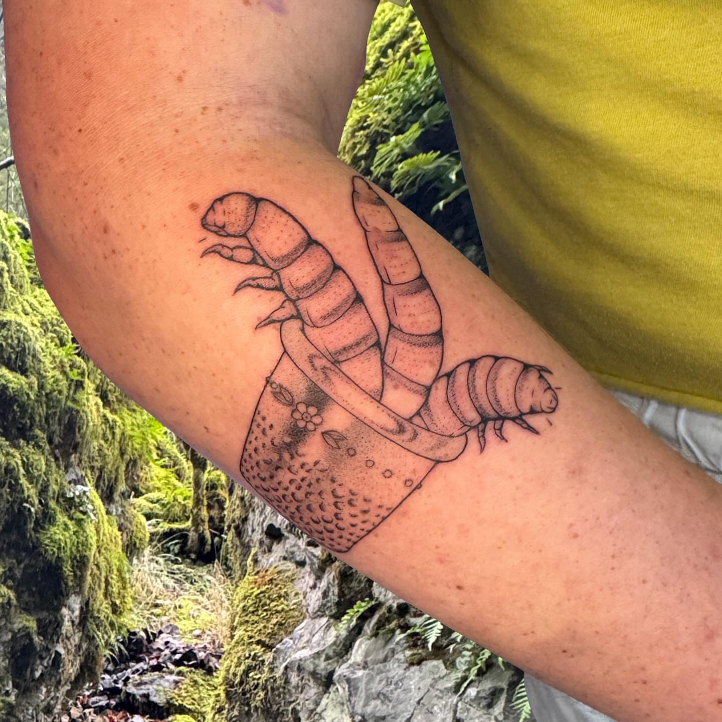 Worm in jar dotwork tattoo on the forearm by Ivy