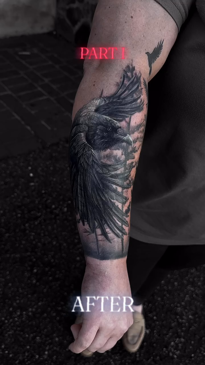 Raven and trees realism tattoo by Sincere