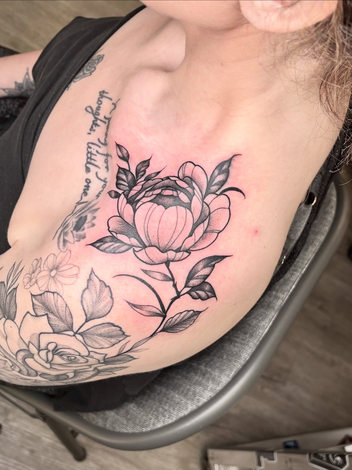 Peony black and grey tattoo on the shoulder by Amber N