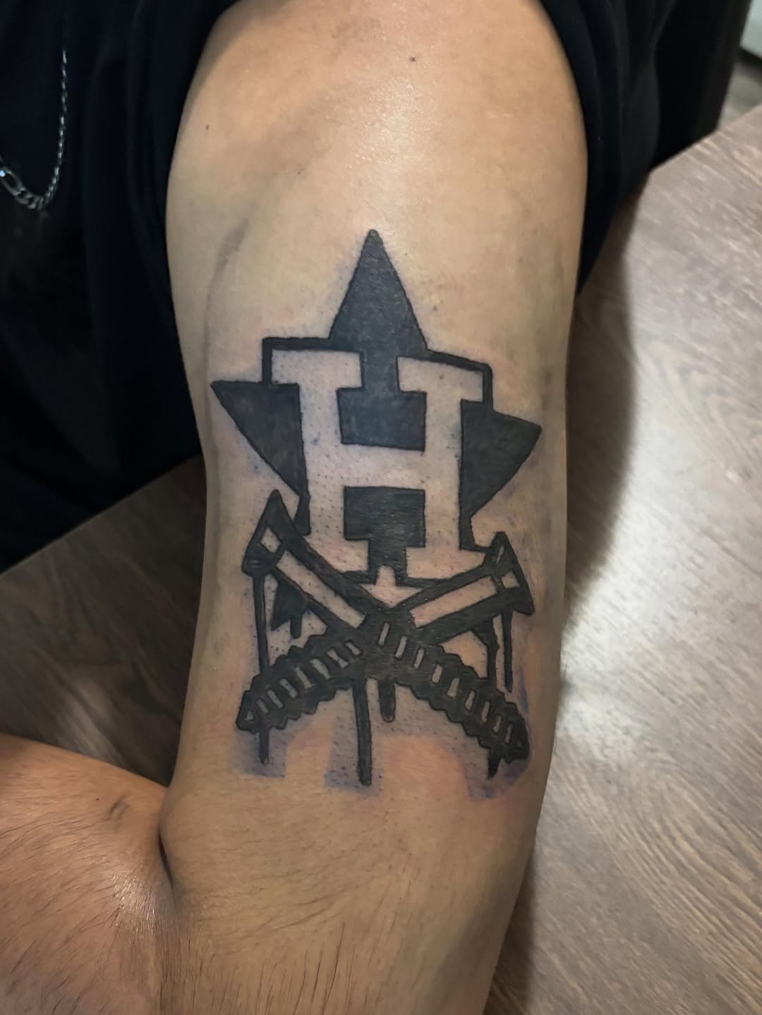 Houston Astros logo with crossed wrenches tattoo on the forearm by Ink_ Hustle36