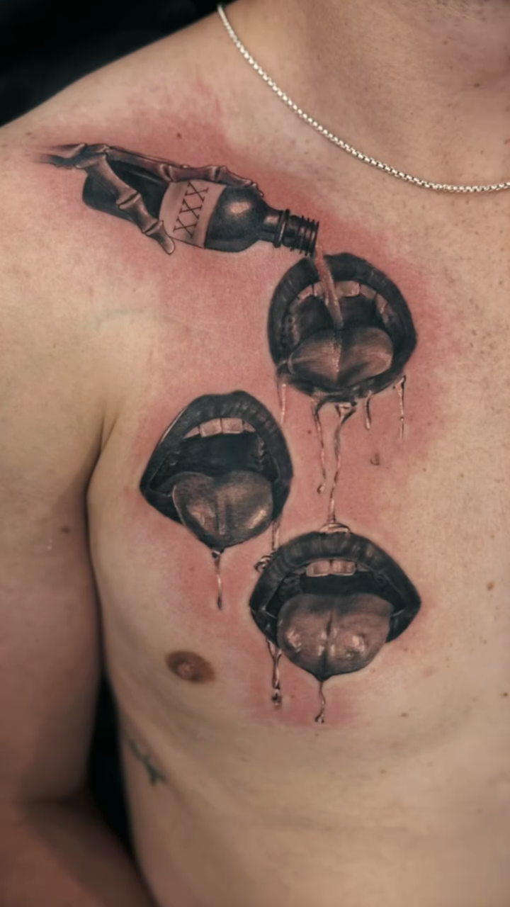 Dripping lips and bottle realism tattoo by Nance⚡