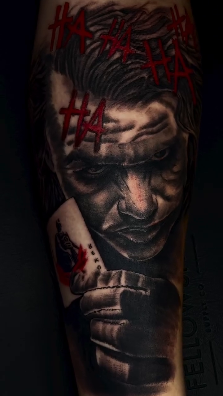 Joker portrait realism tattoo by Henry Fuentes