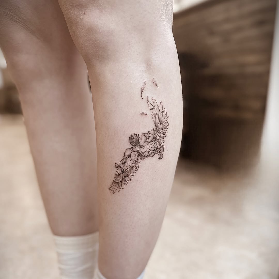 Angel with wings realism tattoo on the calf by Chanel Picquelle, Nashville, Tennessee