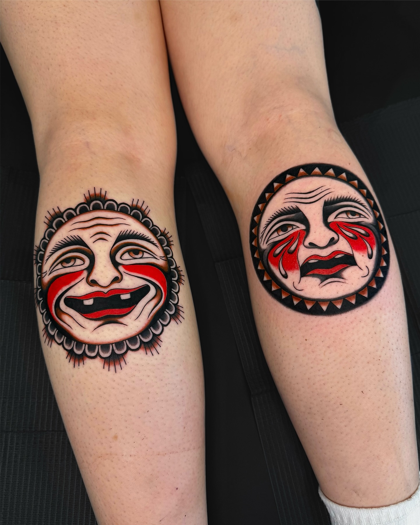 Clown faces American traditional tattoo on the thigh by 𝒟𝑜𝓃𝓃𝒶 𝒥 ࿏ Portland Tattoo Artist