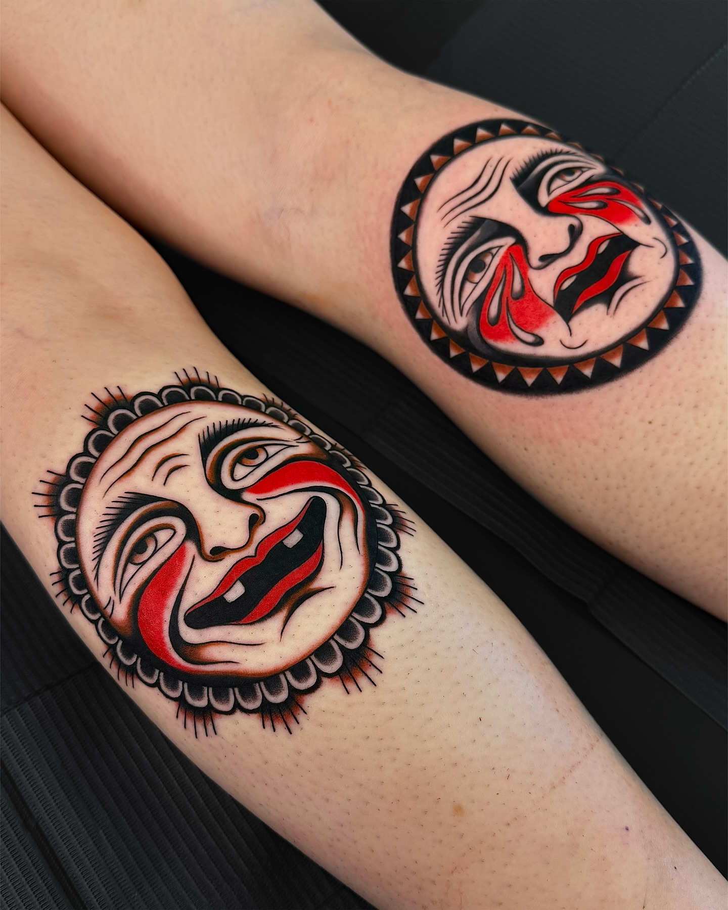 Clown face American traditional tattoo on the forearm by 𝒟𝑜𝓃𝓃𝒶 𝒥 ࿏ Portland Tattoo Artist