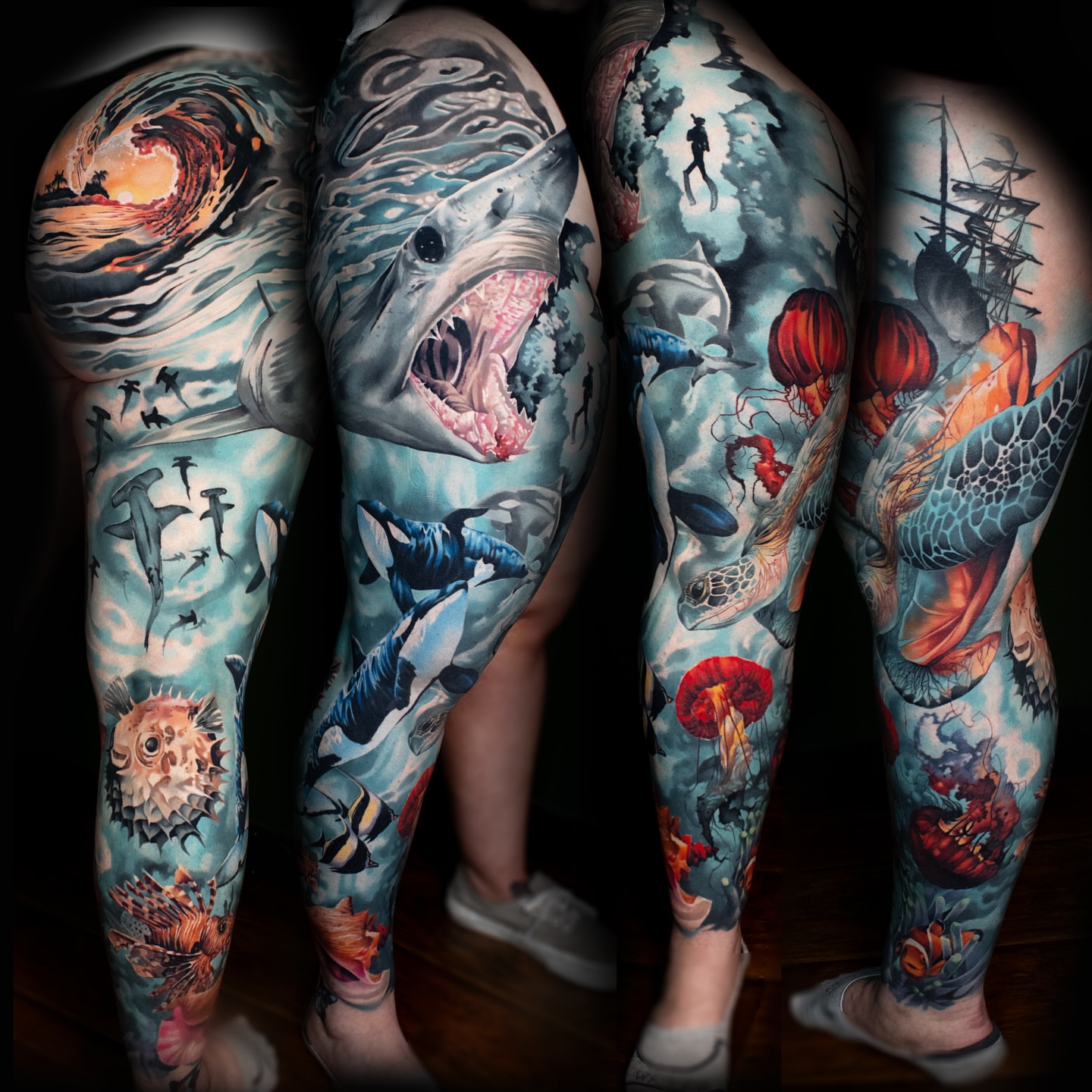 Underwater ocean life realism tattoo on the upper arm by Luke Benavidez