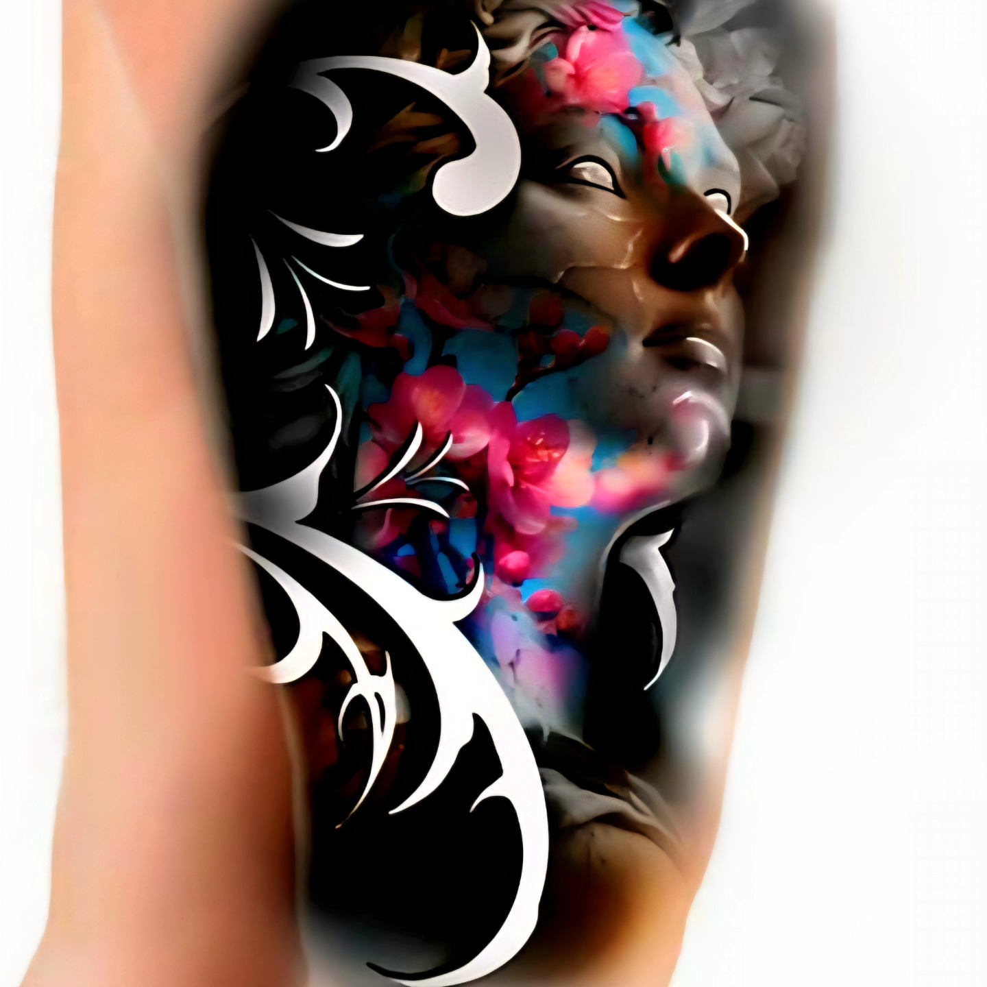 Floral portrait tribal tattoo on the forearm by Drew King