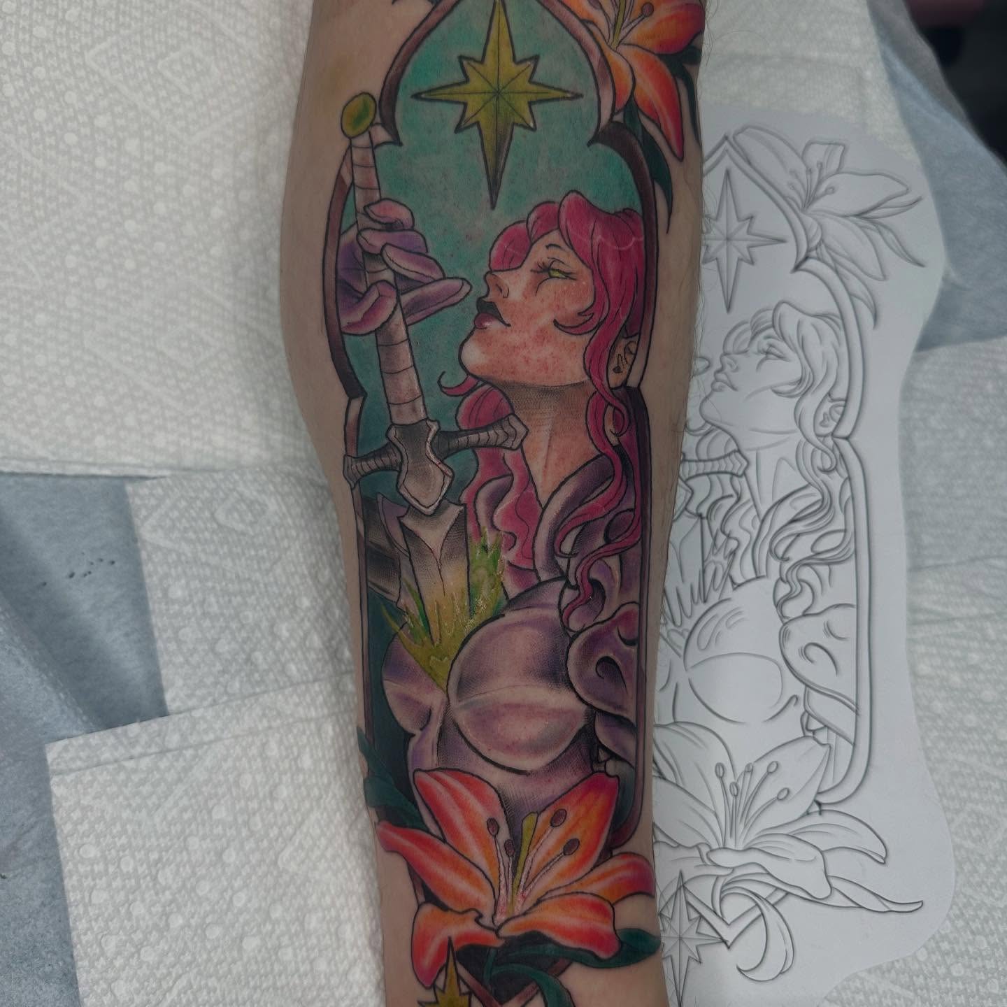 Woman with lilies new school tattoo on the forearm by Halle Haas