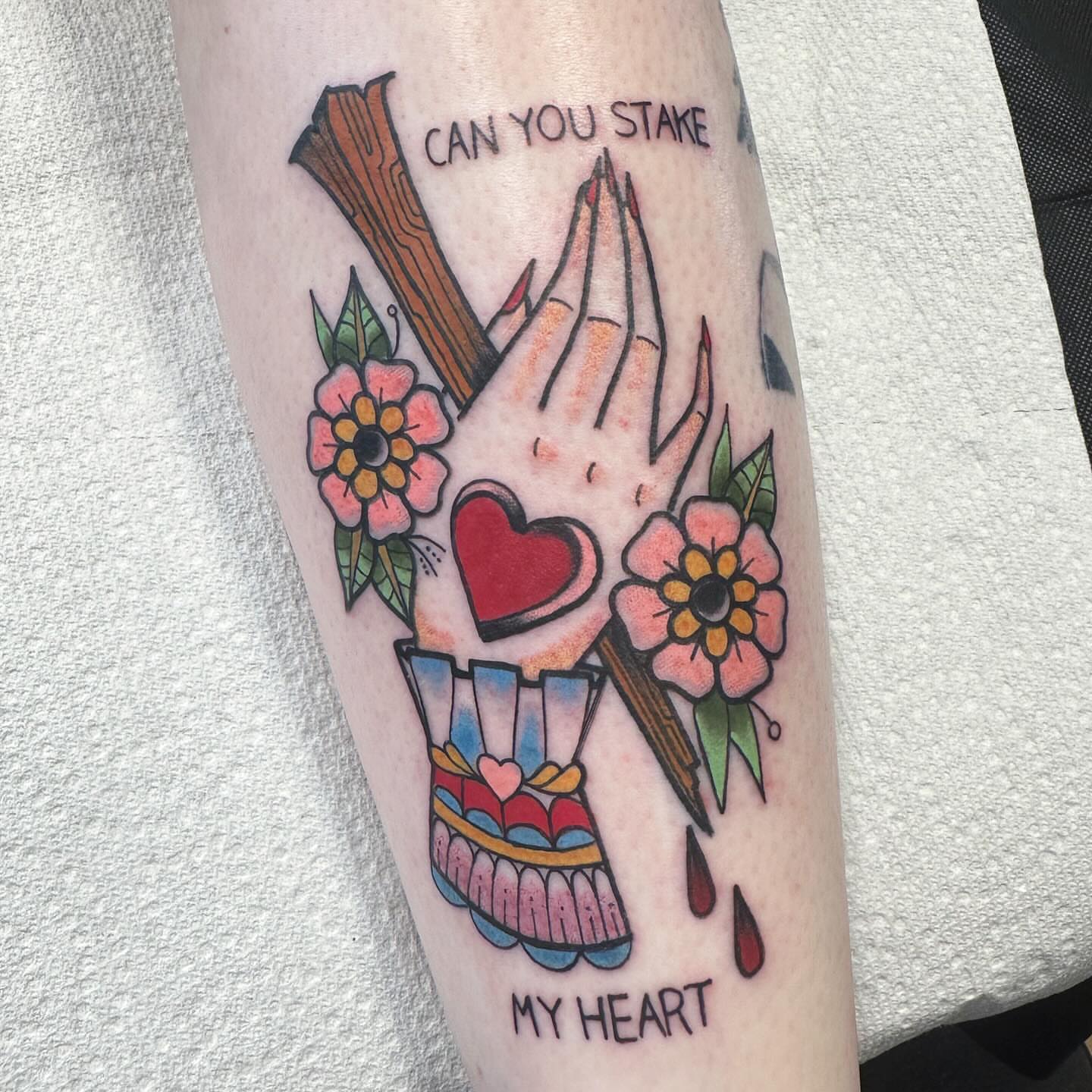 Stake through heart American traditional tattoo on the forearm by ♡ Demi ♡