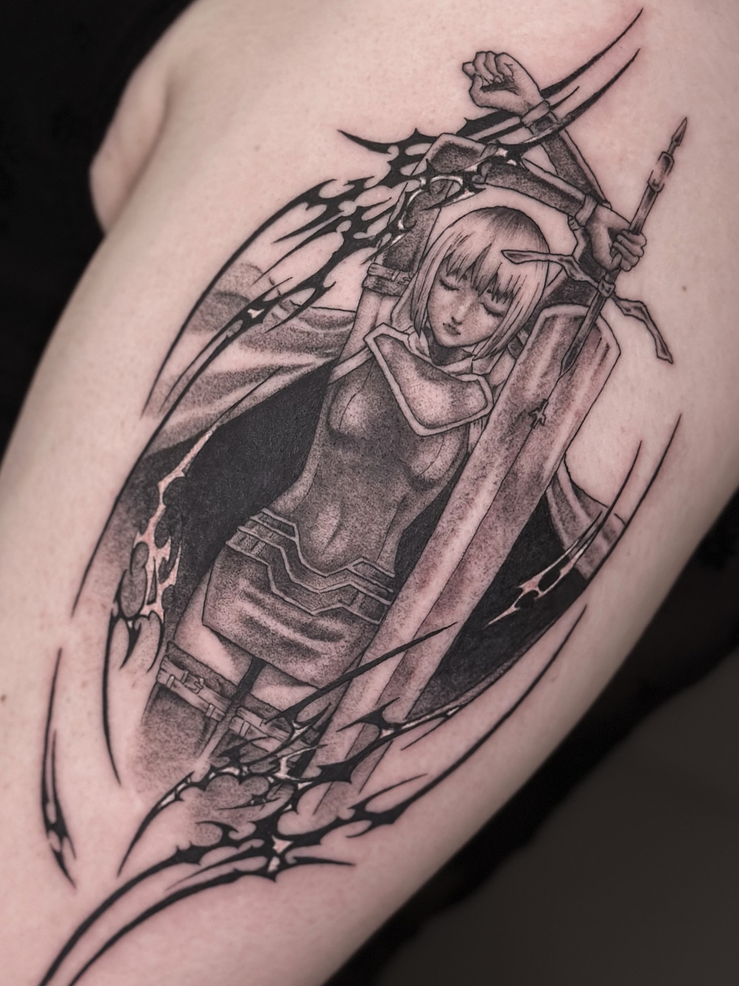 Tattoo by @naviiart โ anime, black_and_grey