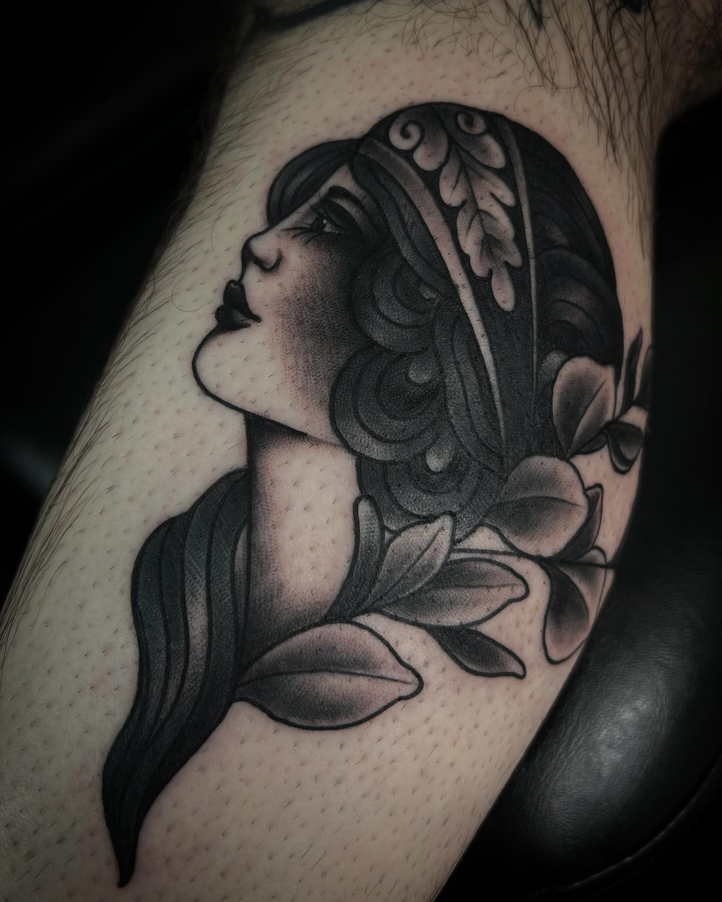 Woman with leaves black and grey tattoo on the forearm by Samantha C, Bremerton, Washington