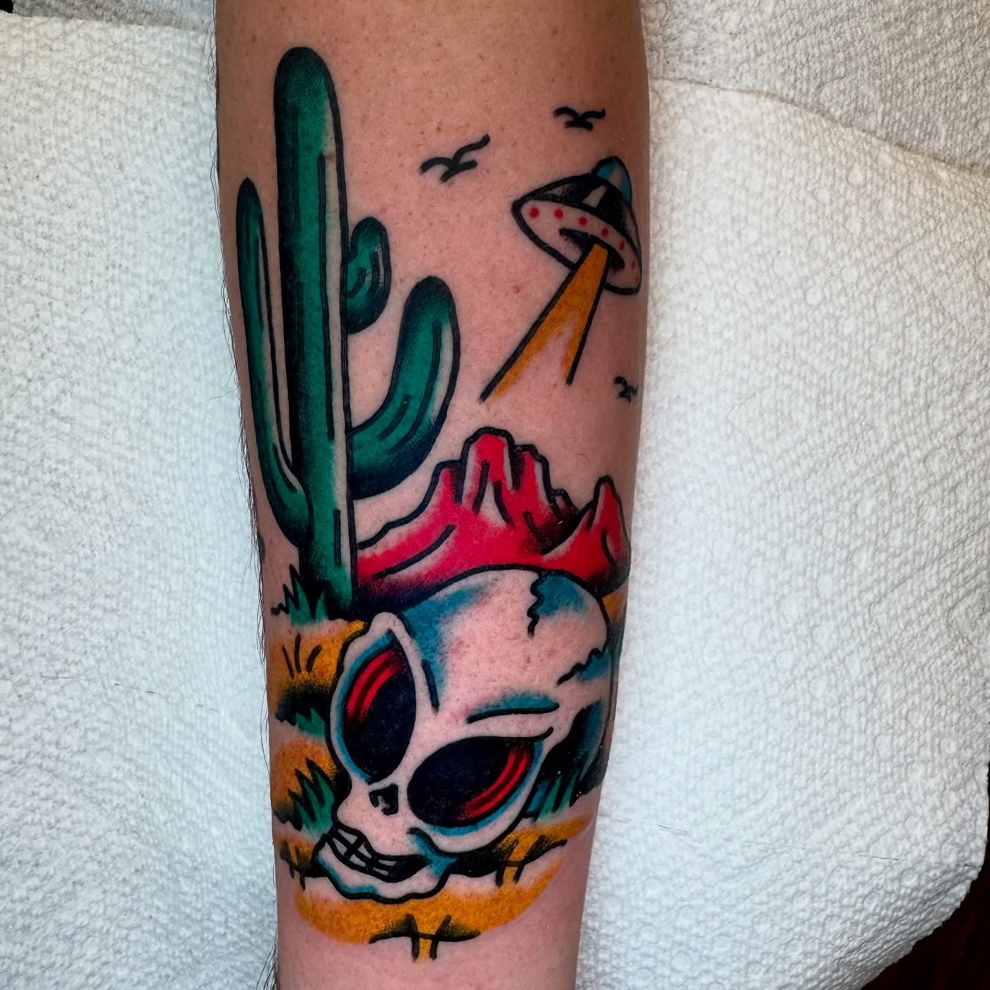 Desert scene American traditional tattoo on the forearm by Buddy (Holiday) Orr, Las Vegas, Nevada
