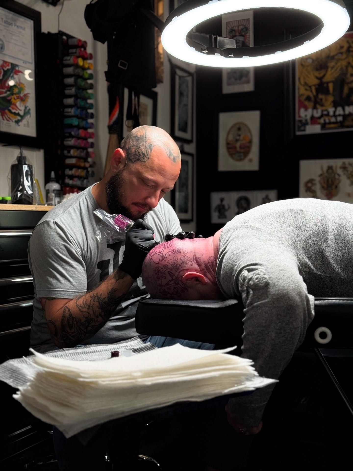 Headpiece American traditional tattoo on the head by Cory Perry-Servellon