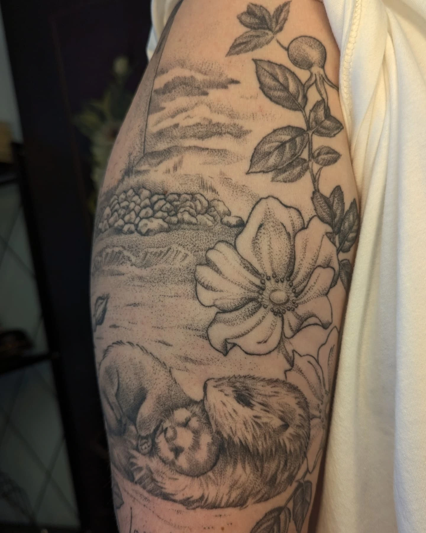 Beaver and flower dotwork tattoo on the forearm by Jeanine, Providence, Rhode Island