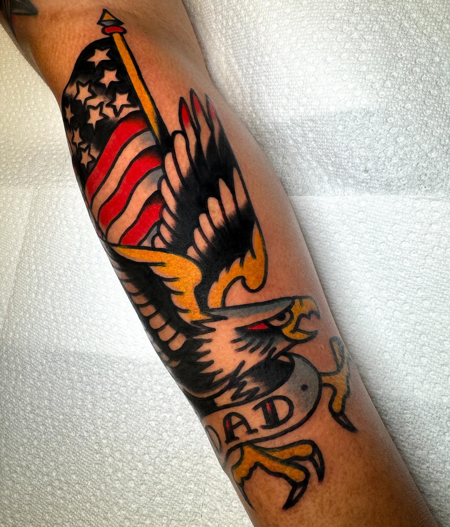 Eagle and American flag American traditional tattoo on the forearm by Alex Kass 🥩 San Antonio TX, San Antonio, Texas