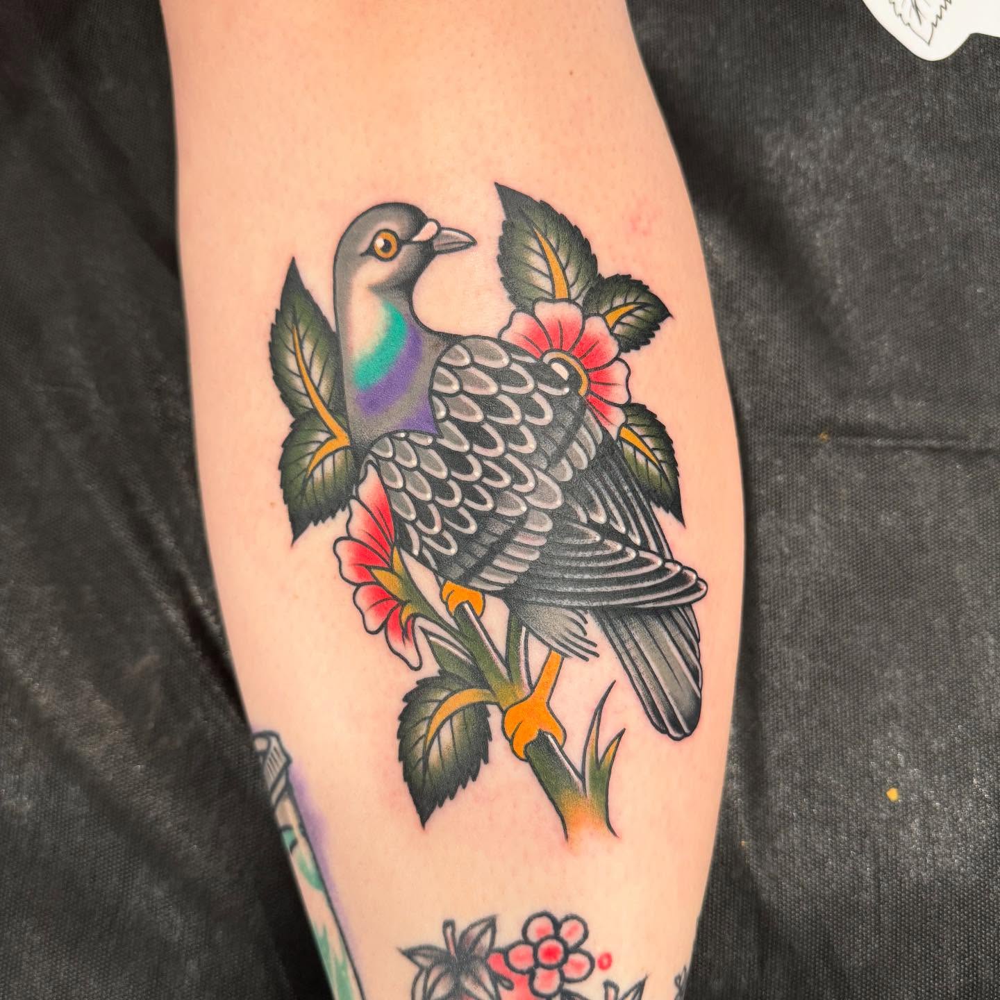 Bird and flowers American traditional tattoo on the forearm by Jay Espinoza-AZ Tattooer