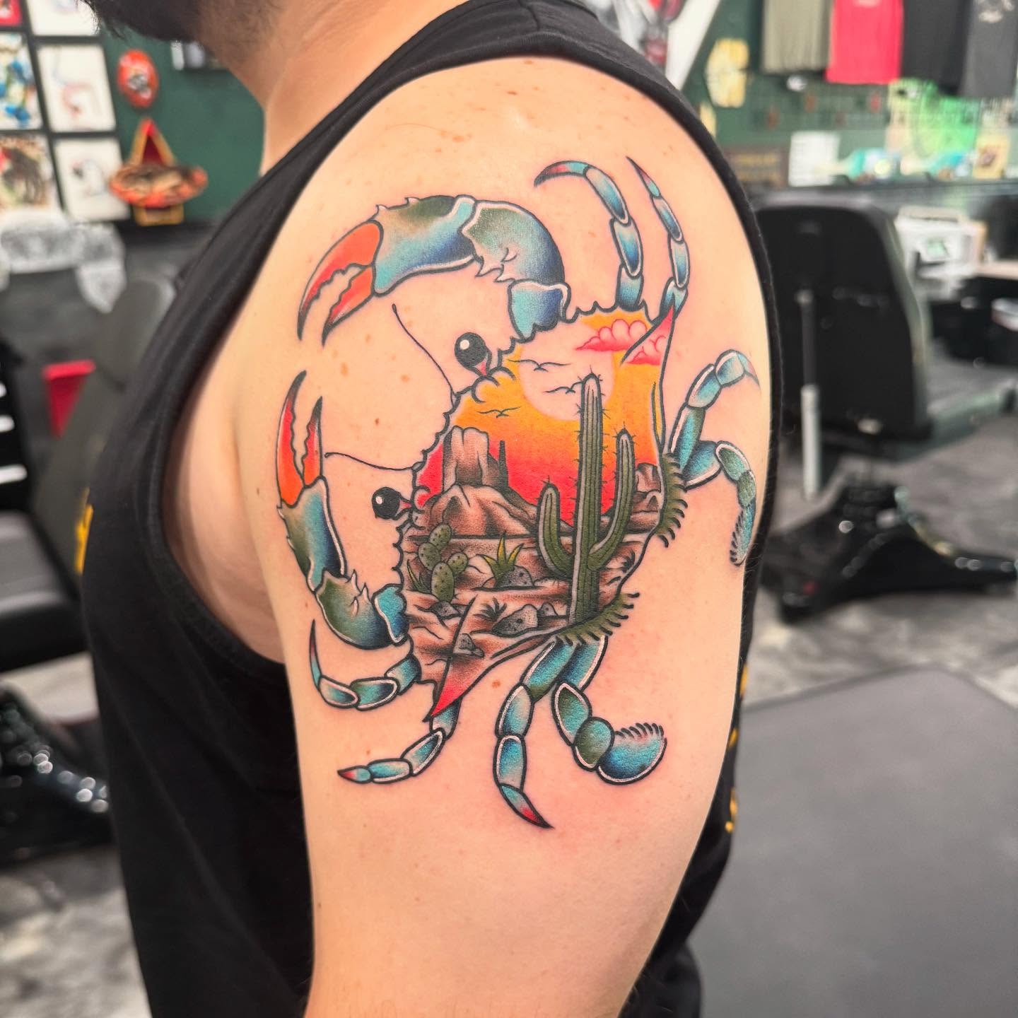 Desert crab new school tattoo on the shoulder by Jay Espinoza-AZ Tattooer