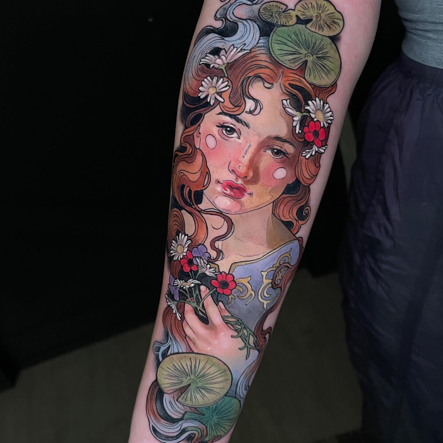 Woman with flowers illustrative tattoo on the forearm by Paige Hudon, Chicago, Illinois
