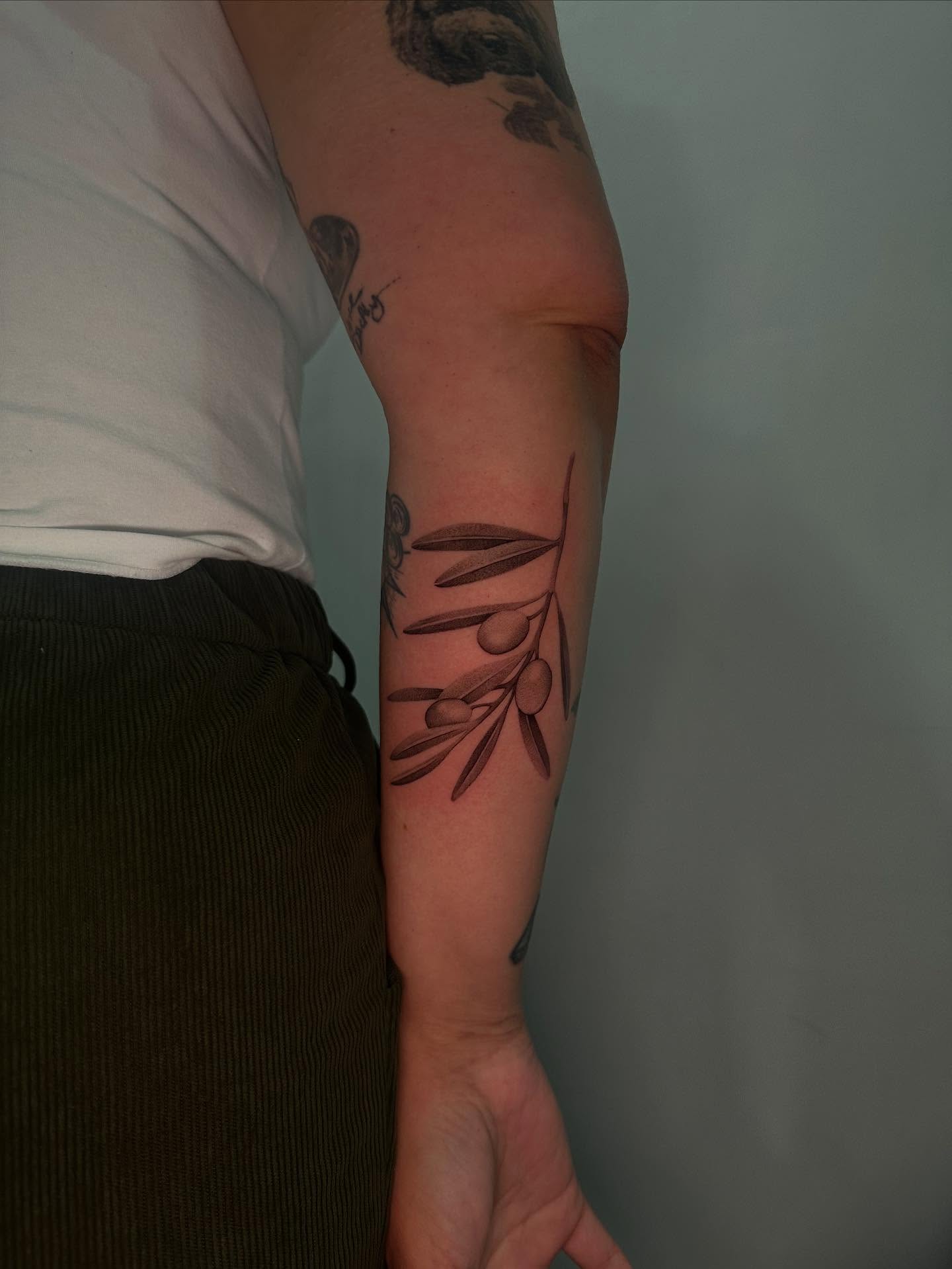 Olive branch black and grey tattoo on the forearm by @piinkywabbiit, Roselle Park, New Jersey