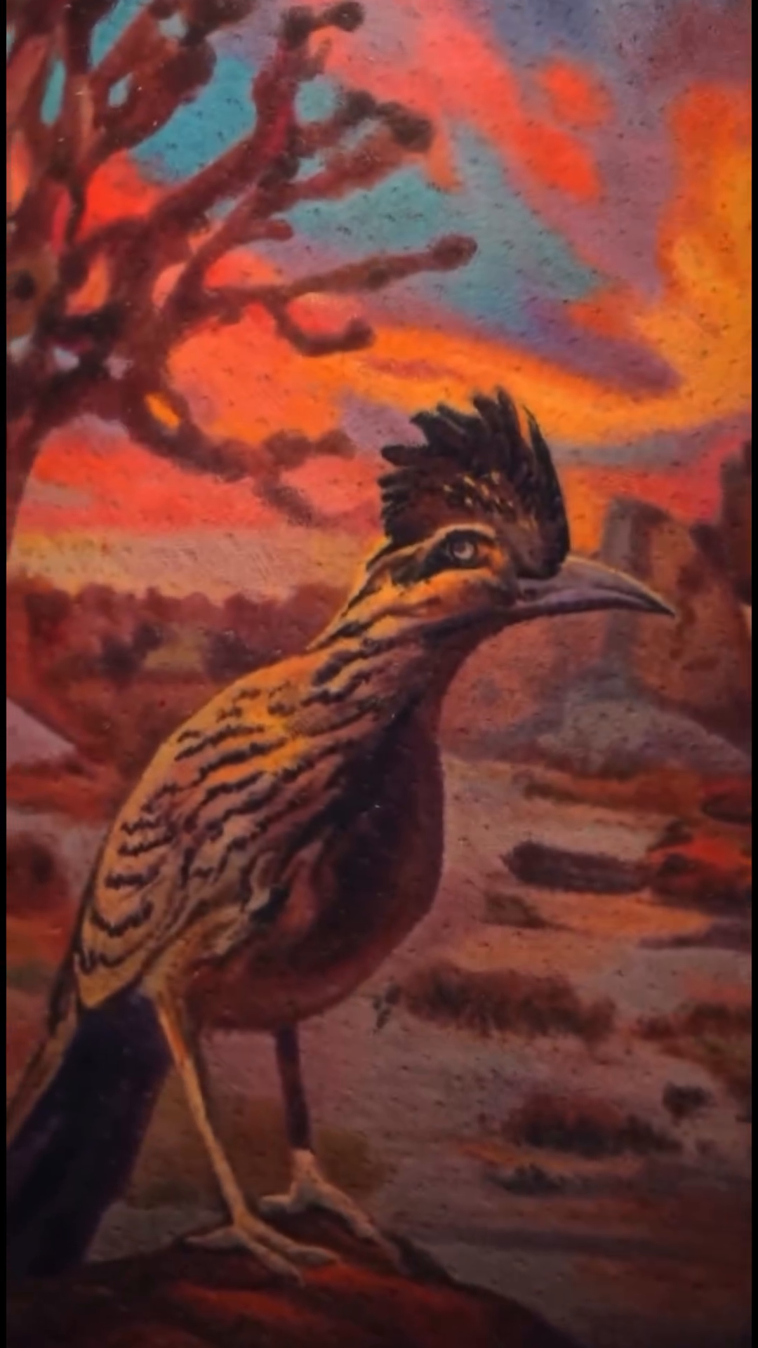 Roadrunner in desert landscape realism tattoo by Slava Bodrov