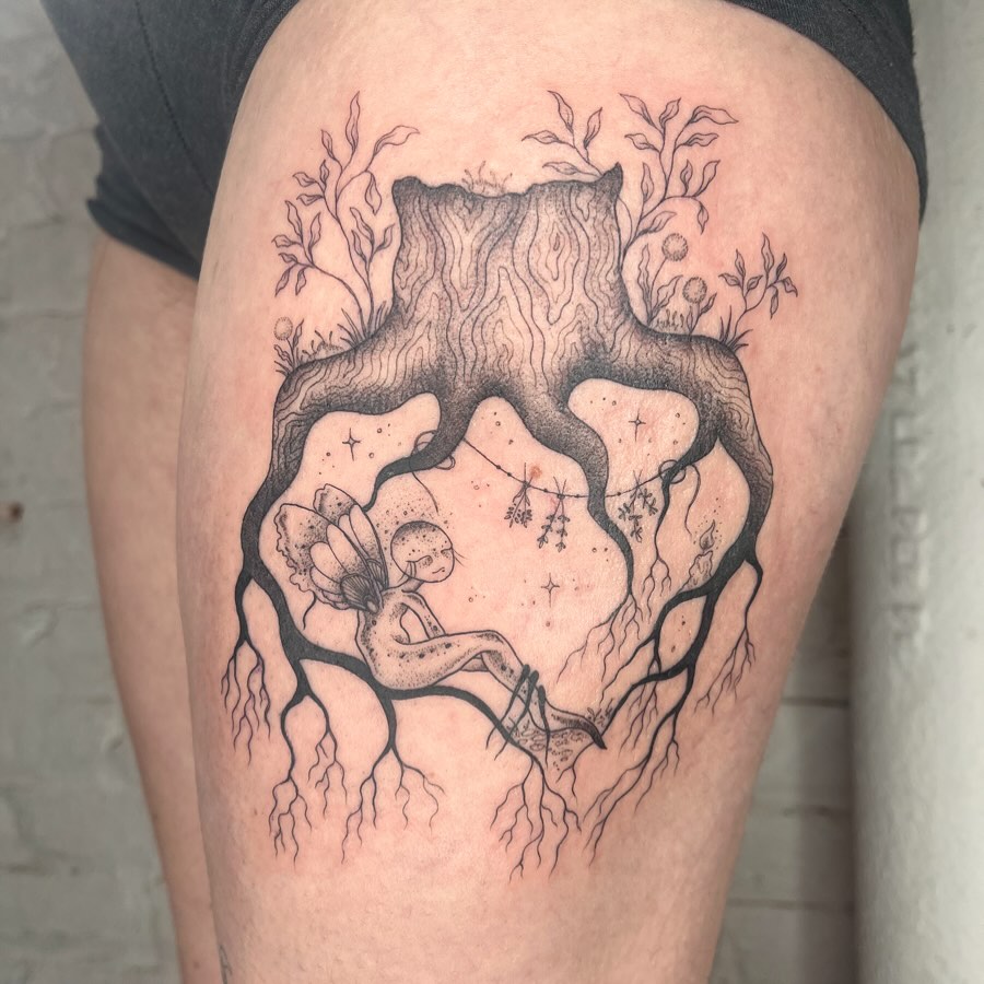 Fairy in tree dotwork tattoo on the thigh by 𝔇𝔢𝔰𝔦