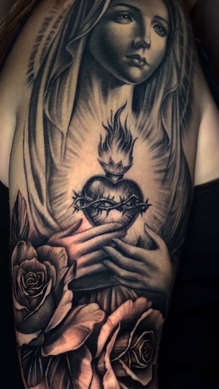 Virgin Mary with Sacred Heart realism tattoo by Las Vegas tattoo Artist