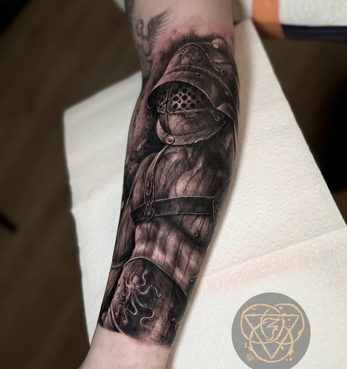 Steampunk soldier realism tattoo on the forearm by Justin (iam3) Leifeste
