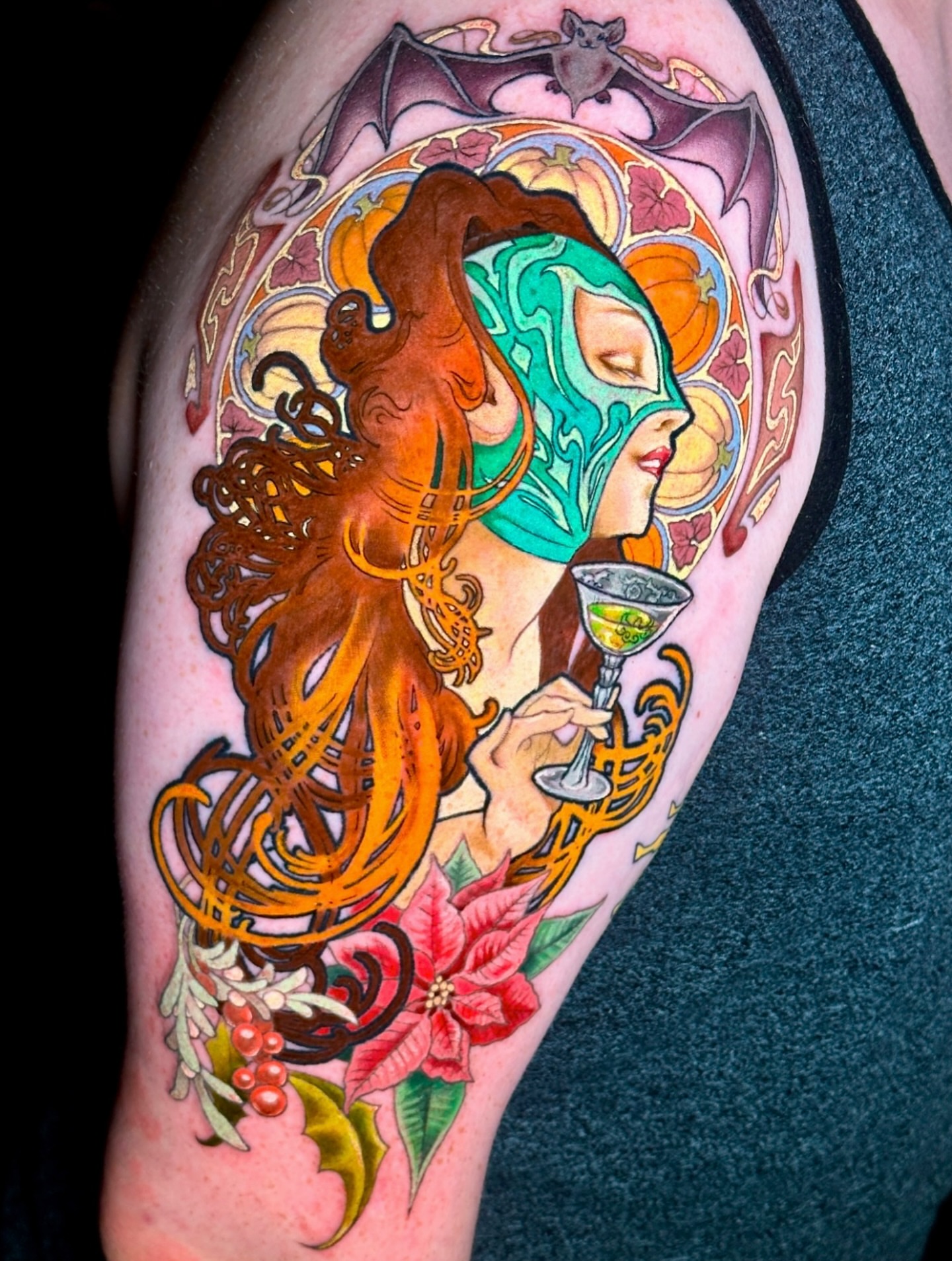 Woman with mask illustrative tattoo on the forearm by Fernanda Machado