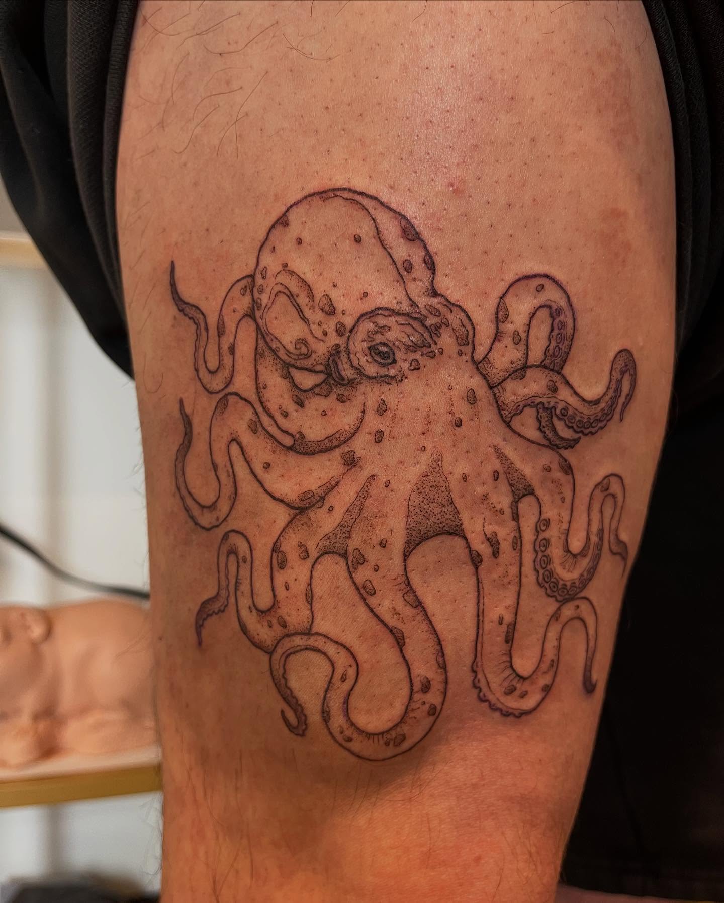 Octopus dotwork tattoo on the thigh by Peach ๐, Portland, Oregon