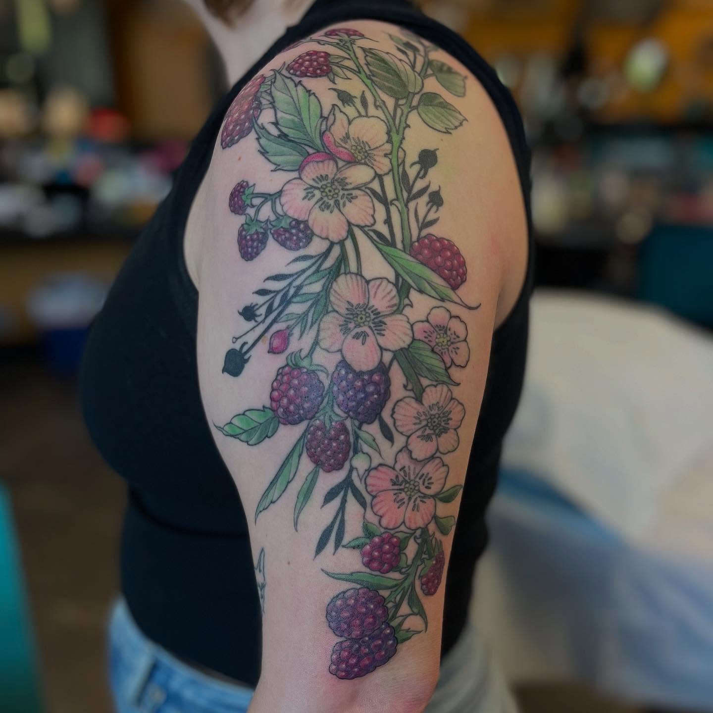 Berry bouquet new school tattoo on the upper arm by ๐ต๐๐๐ ๐ฐ๐๐๐