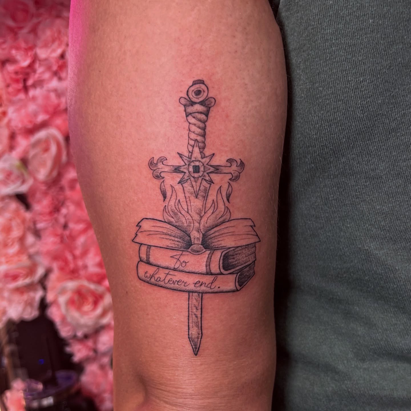 Sword and book black and grey tattoo on the forearm by π±π½πππΎπ