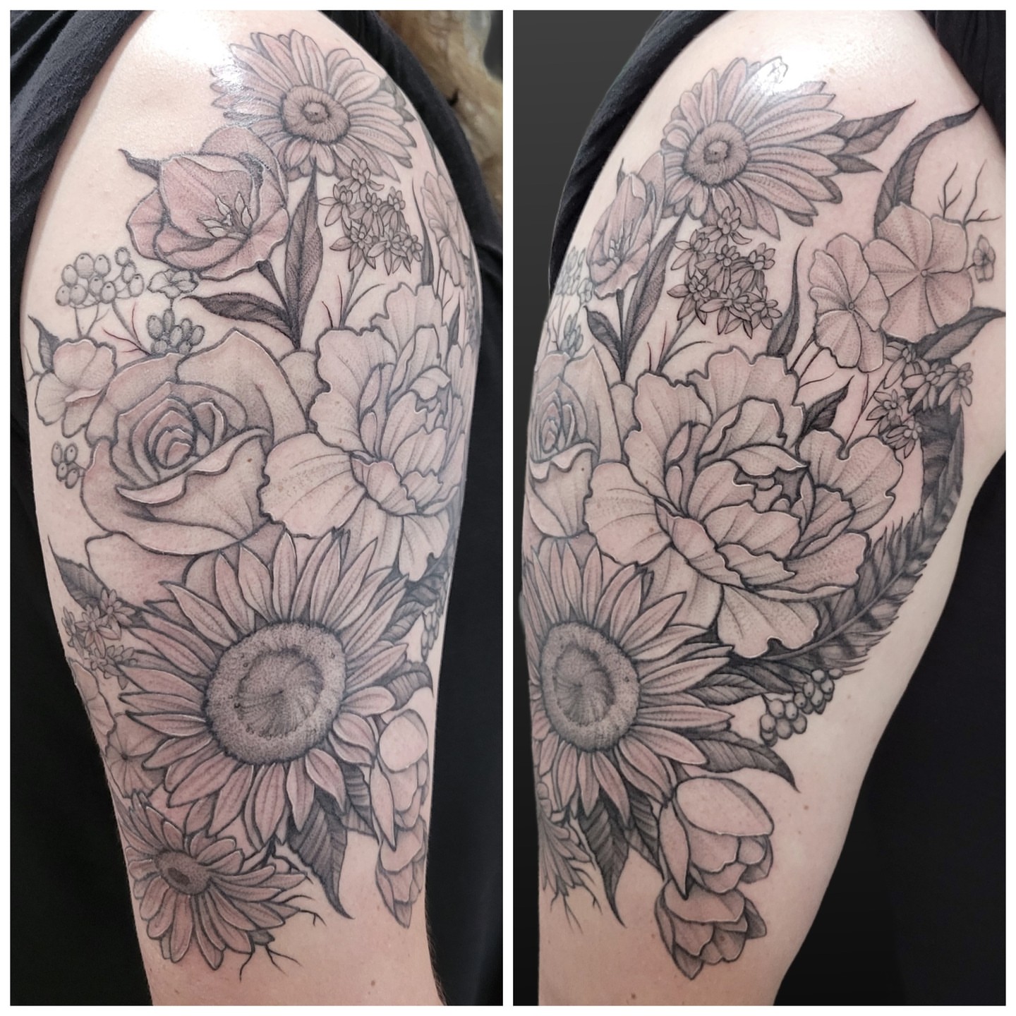Floral bouquet realism tattoo on the upper arm by Arick Reese