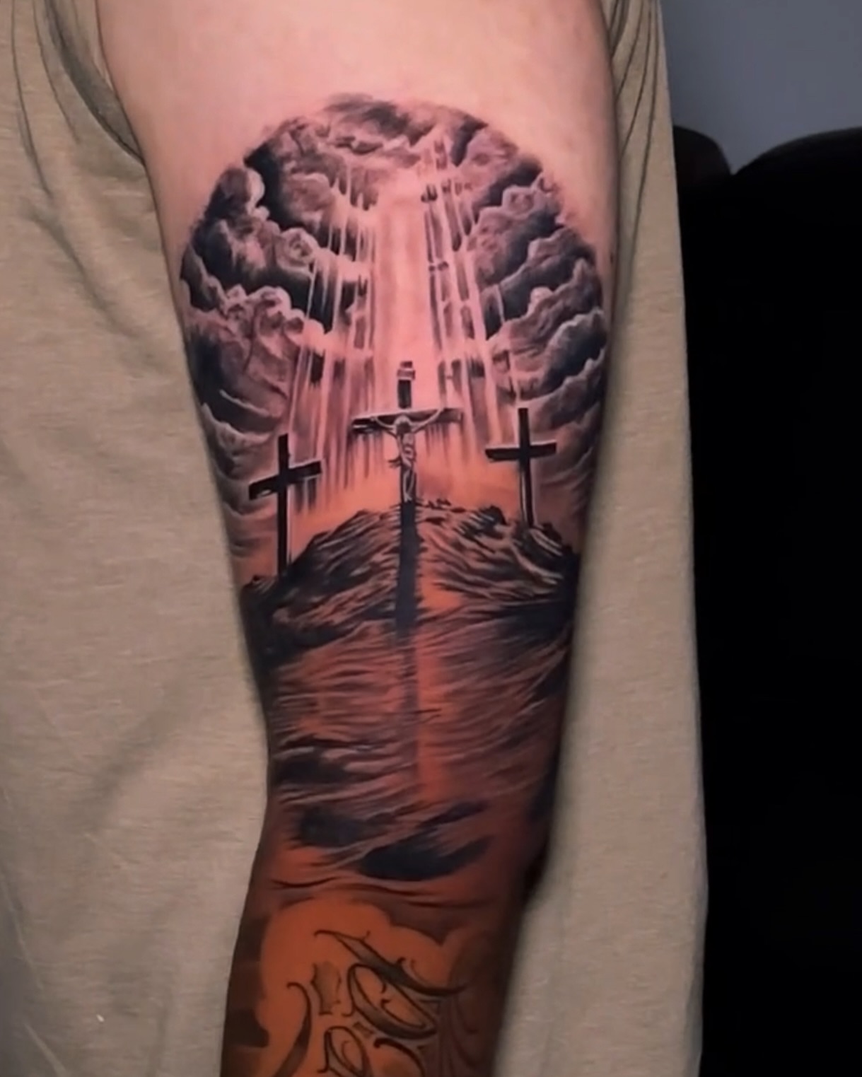 Religious crucifixion scene realism tattoo on the forearm by Erick @ AZTEC_TATT