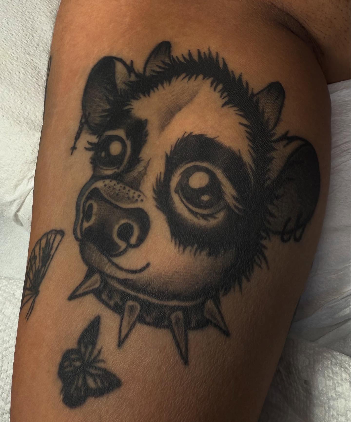 Raccoon black and grey tattoo on the thigh by Tayler Beetison