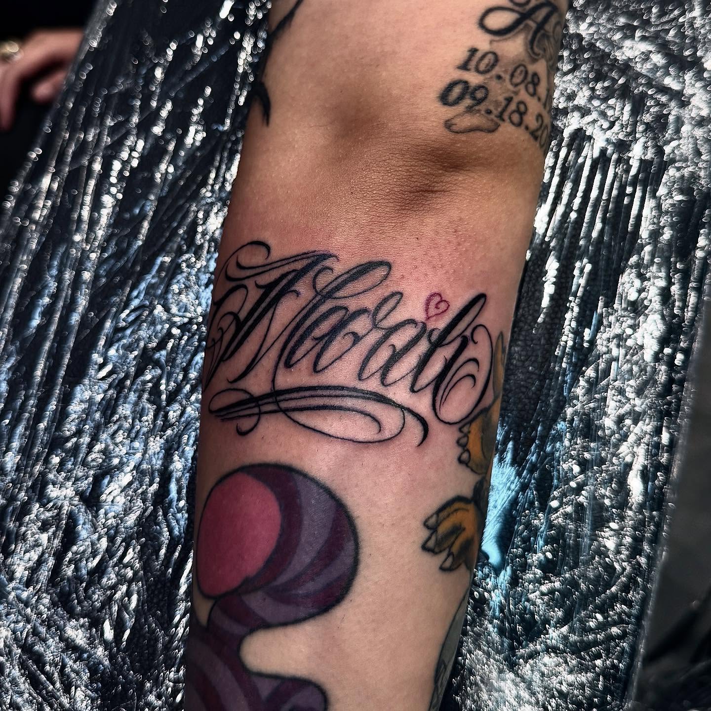 Script lettering lettering script tattoo on the forearm by Joey Moreno