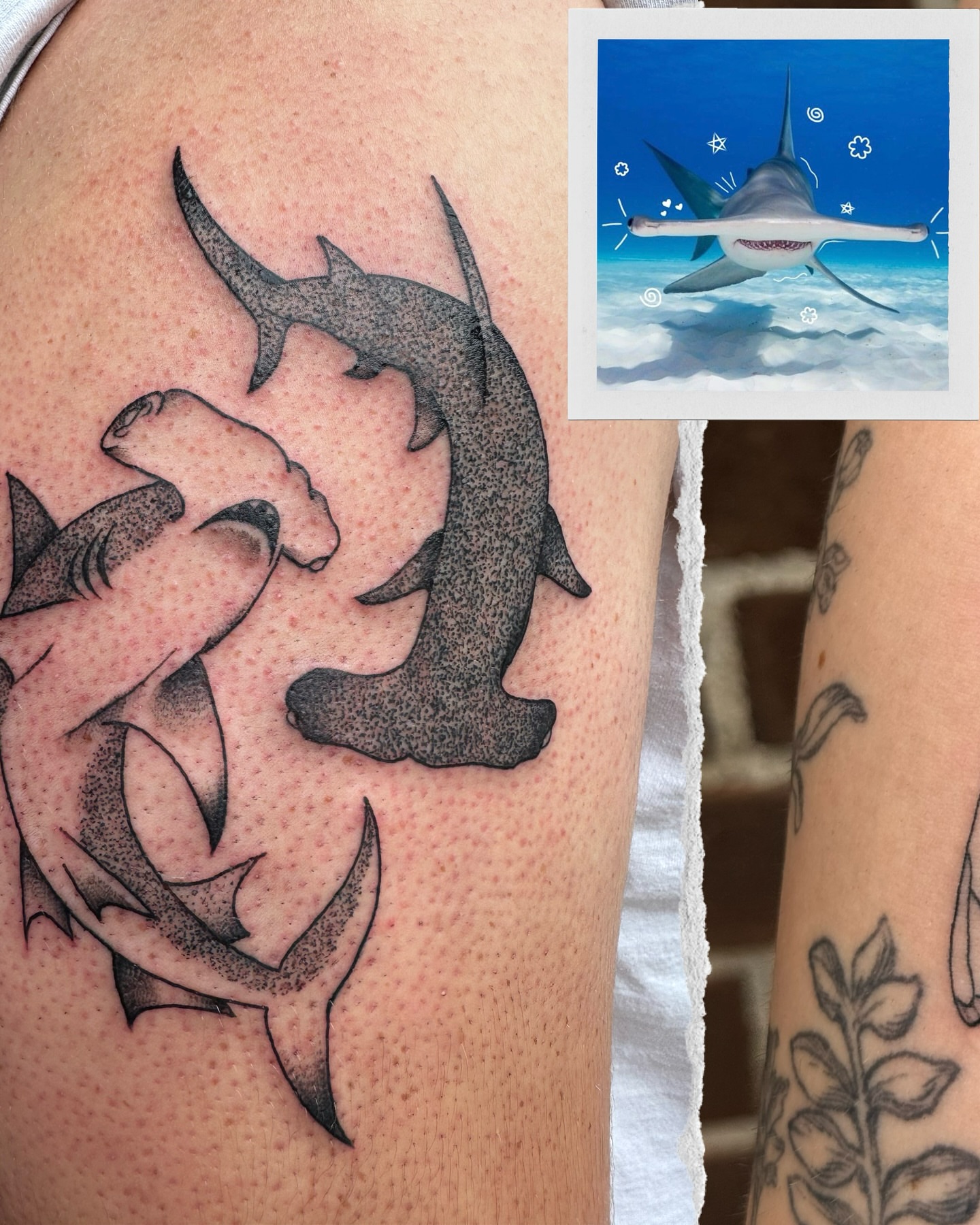 Sharks dotwork tattoo on the thigh by Milo