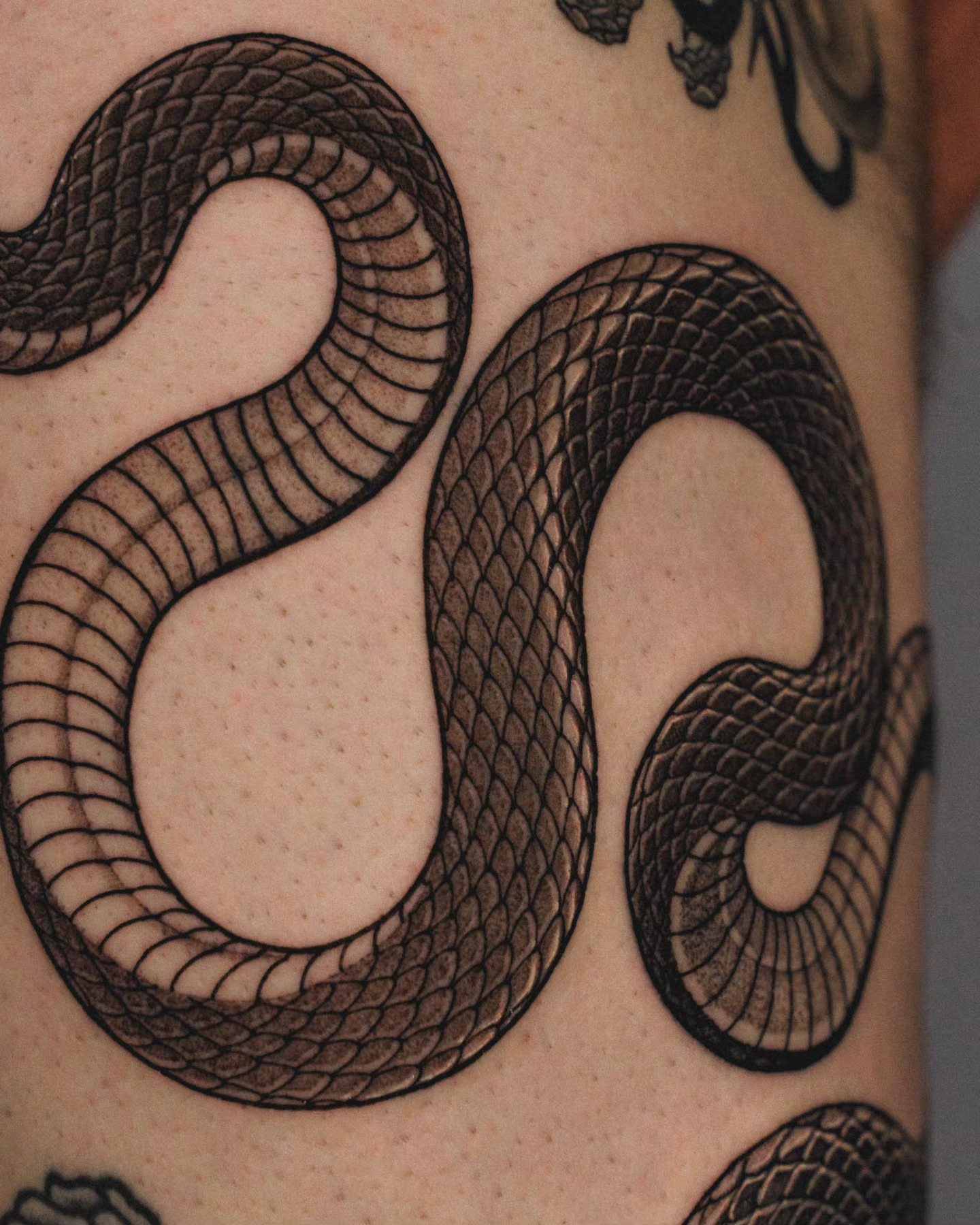 Snake black and grey tattoo on the upper arm by 쿠노 Koono snaketattoo