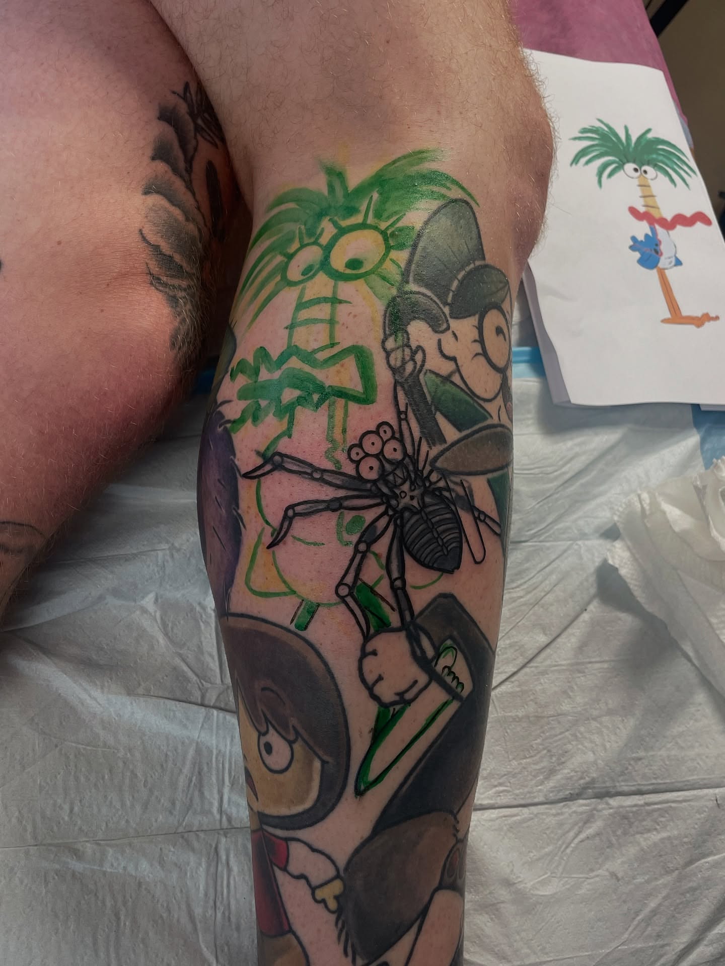 Cartoon characters new school tattoo on the leg by Kimberly Parton- Chapel Hill Tattooer, Chapel Hill, North Carolina