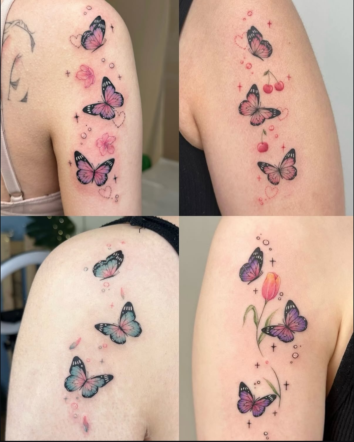 Butterflies and flowers new school tattoo on the shoulder by ๐๐๐๐๐๐