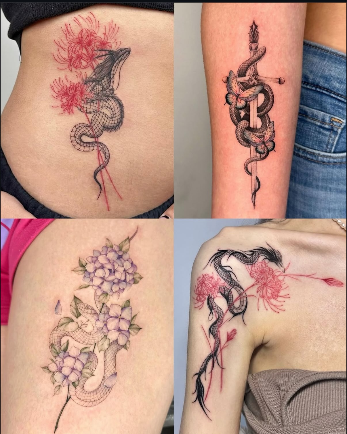 Snake and flowers realism tattoo on the upper arm by ๐๐๐๐๐๐