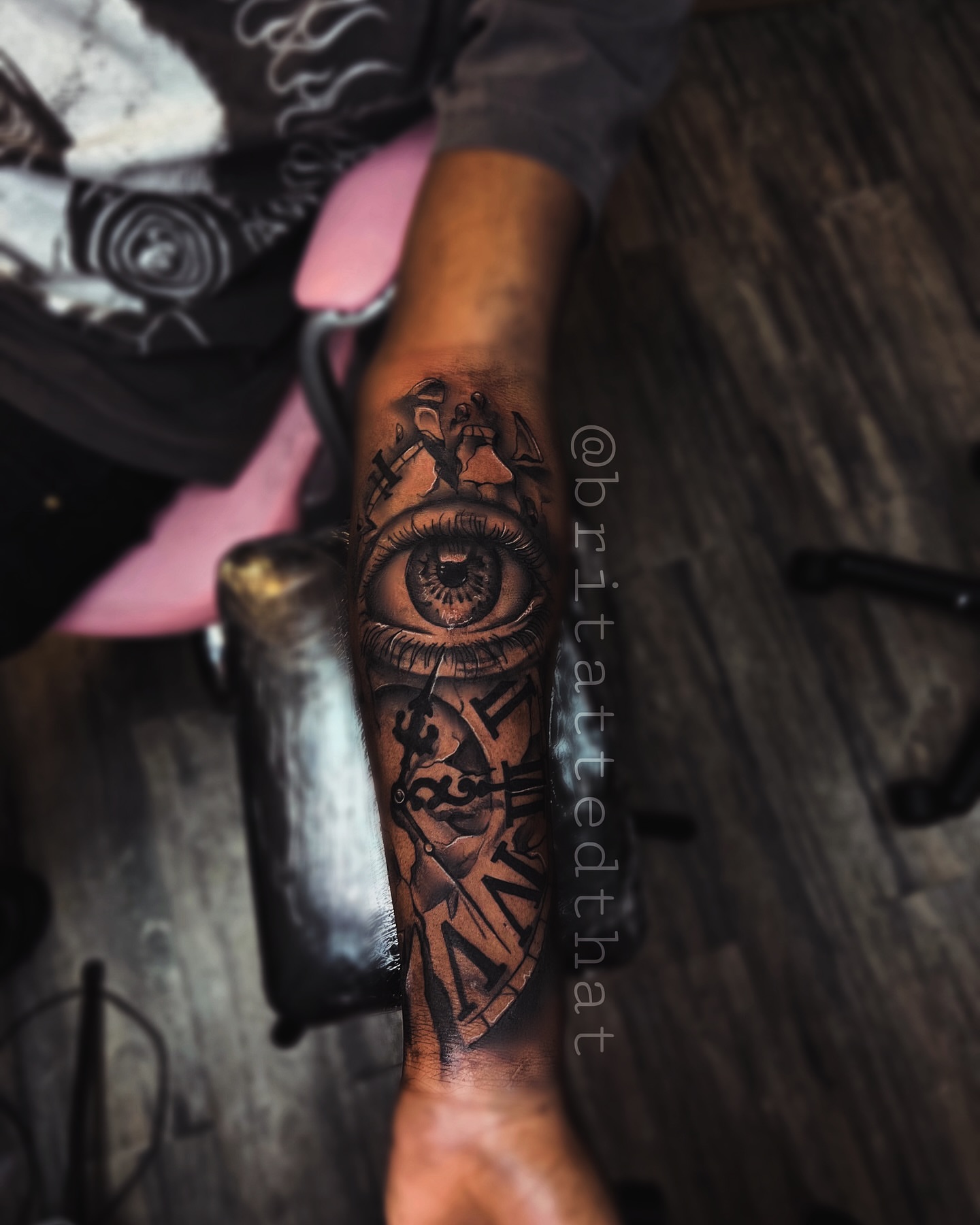 Eye and clock geometric tattoo on the forearm by Bri Tatted That